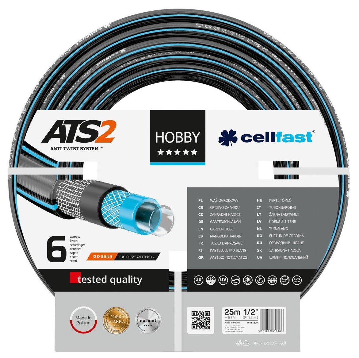 Шланг садовий Cellfast HOBBY ATS, 1/2", 25м, 6 шарів, до 30 Бар, -20…+60°C