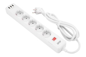 Мережевий фільтр 2E 5XSchuko 3G*1.5мм, 3*USB-A, 2м, white (2E-SP515M2USBWH)