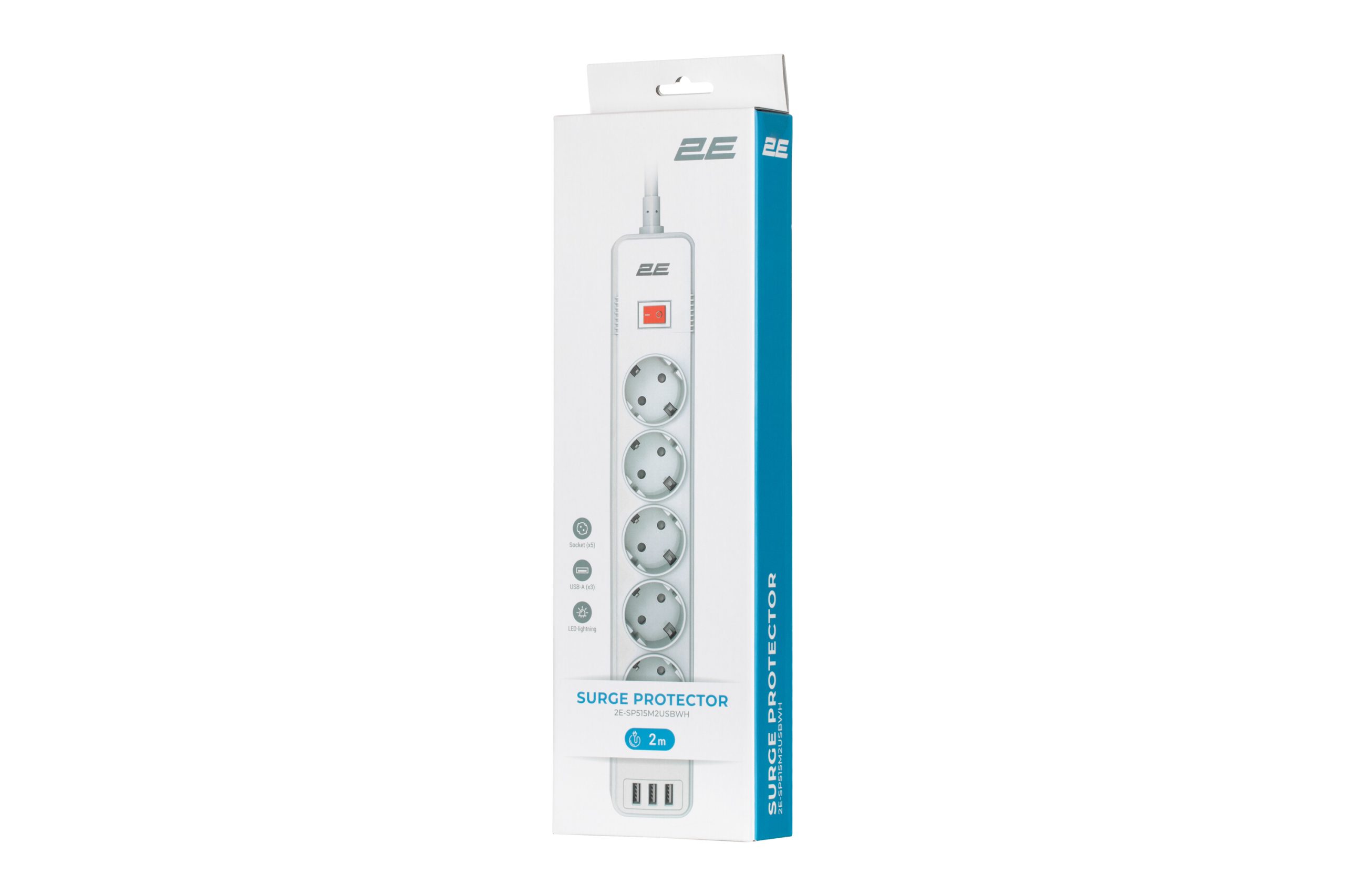 Мережевий фільтр 2E 5XSchuko 3G*1.5мм, 3*USB-A, 2м, white (2E-SP515M2USBWH)