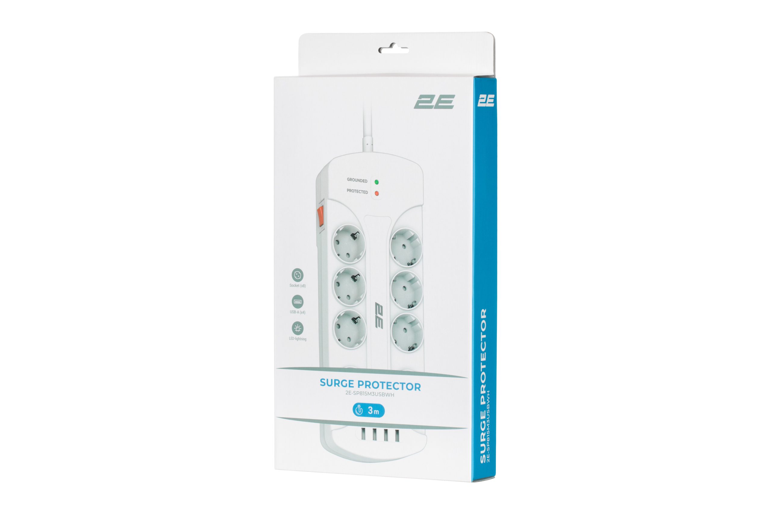 Мережевий фільтр 2E 8XSchuko 3G*1.5мм, 4*USB-A, 3м, white (2E-SP815M3USBWH)