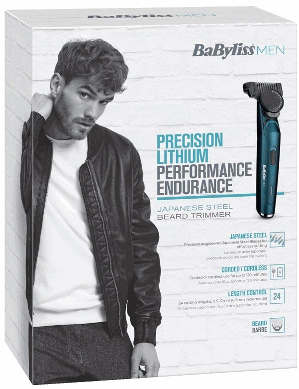 Тример Babyliss, для бороди і вусів, мережа+акум., вібраційний мотор, насадок-1, чохол, сталь, синій