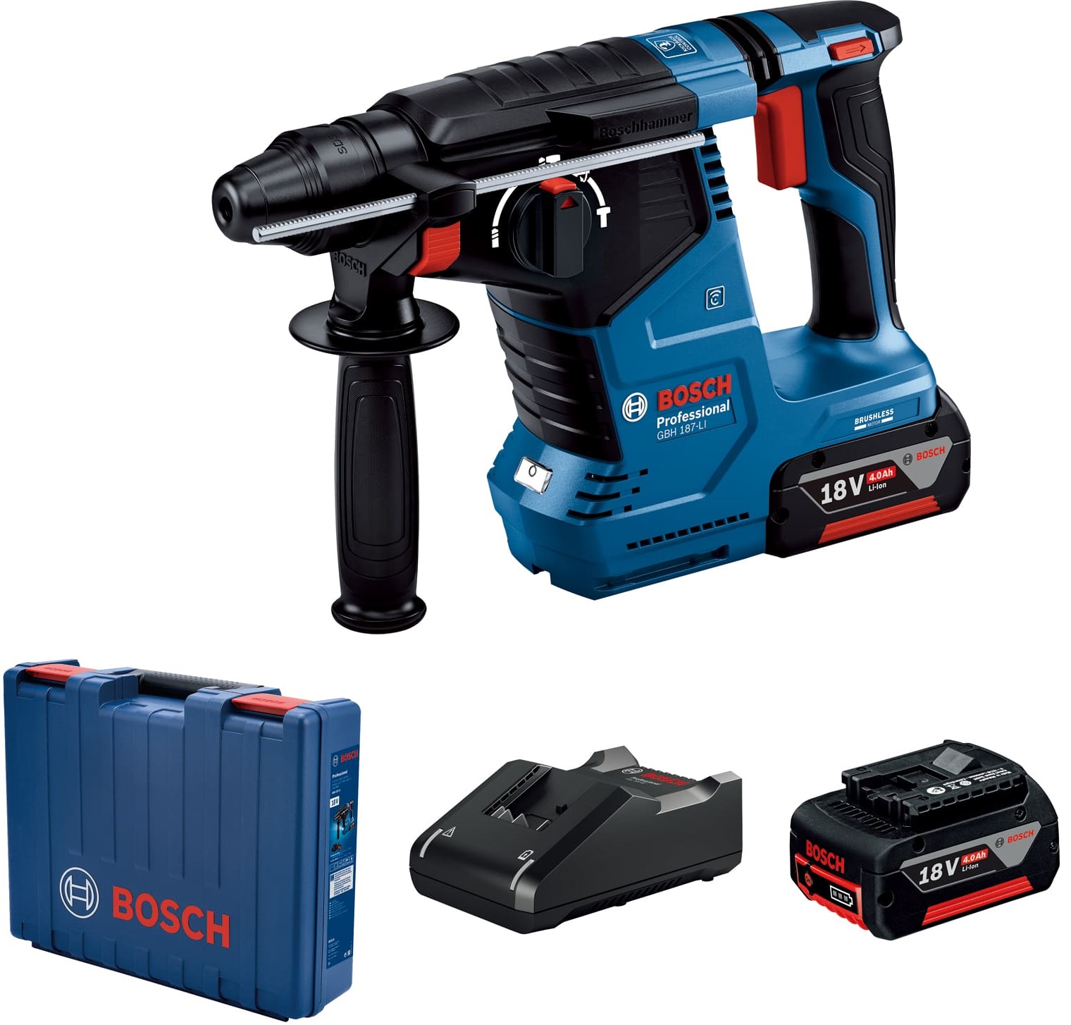 Перфоратор акумуляторний Bosch GBH 187-LI, SDS-Plus, 18В, 2х5А•год, 2.4Дж, кейс, 2.9кг