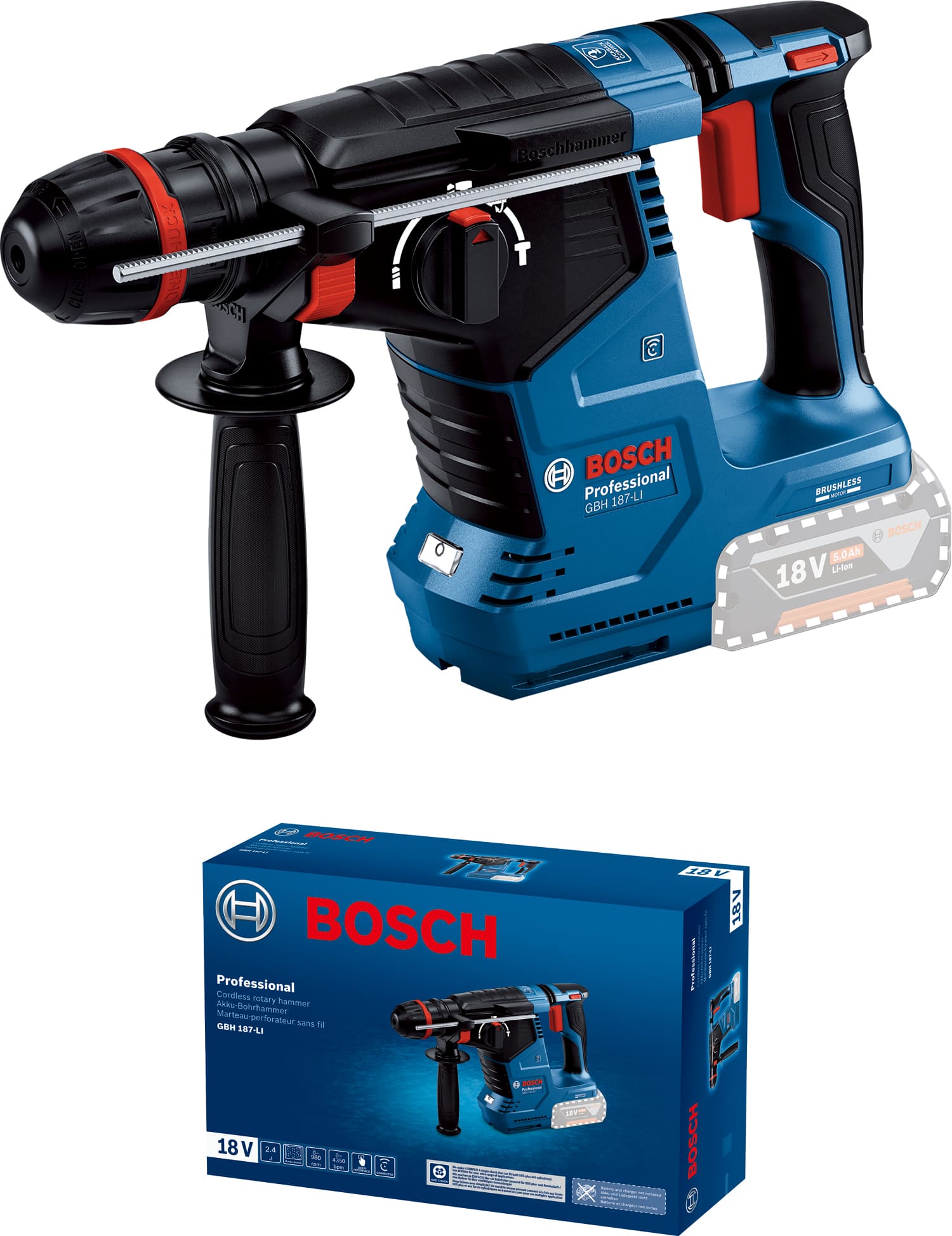 Перфоратор акумуляторний Bosch GBH 187-LI, SDS-plus, 18В, 2.4Дж, 3 режими, 3кг, без АКБ та ЗП