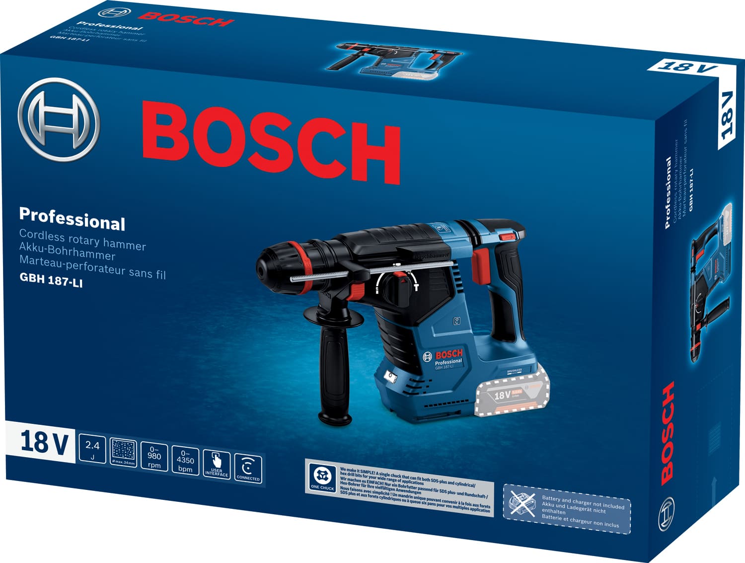 Перфоратор акумуляторний Bosch GBH 187-LI, SDS-plus, 18В, 2.4Дж, 3 режими, 3кг, без АКБ та ЗП