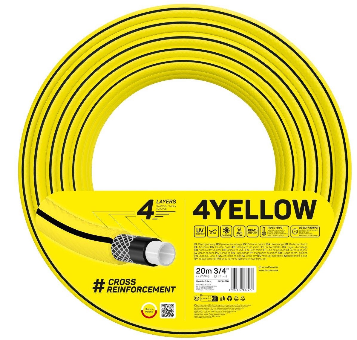 Шланг садовий Cellfast 4YELLOW 3/4" 20м, 4 шари, до 20 Бар, -10…+50°C