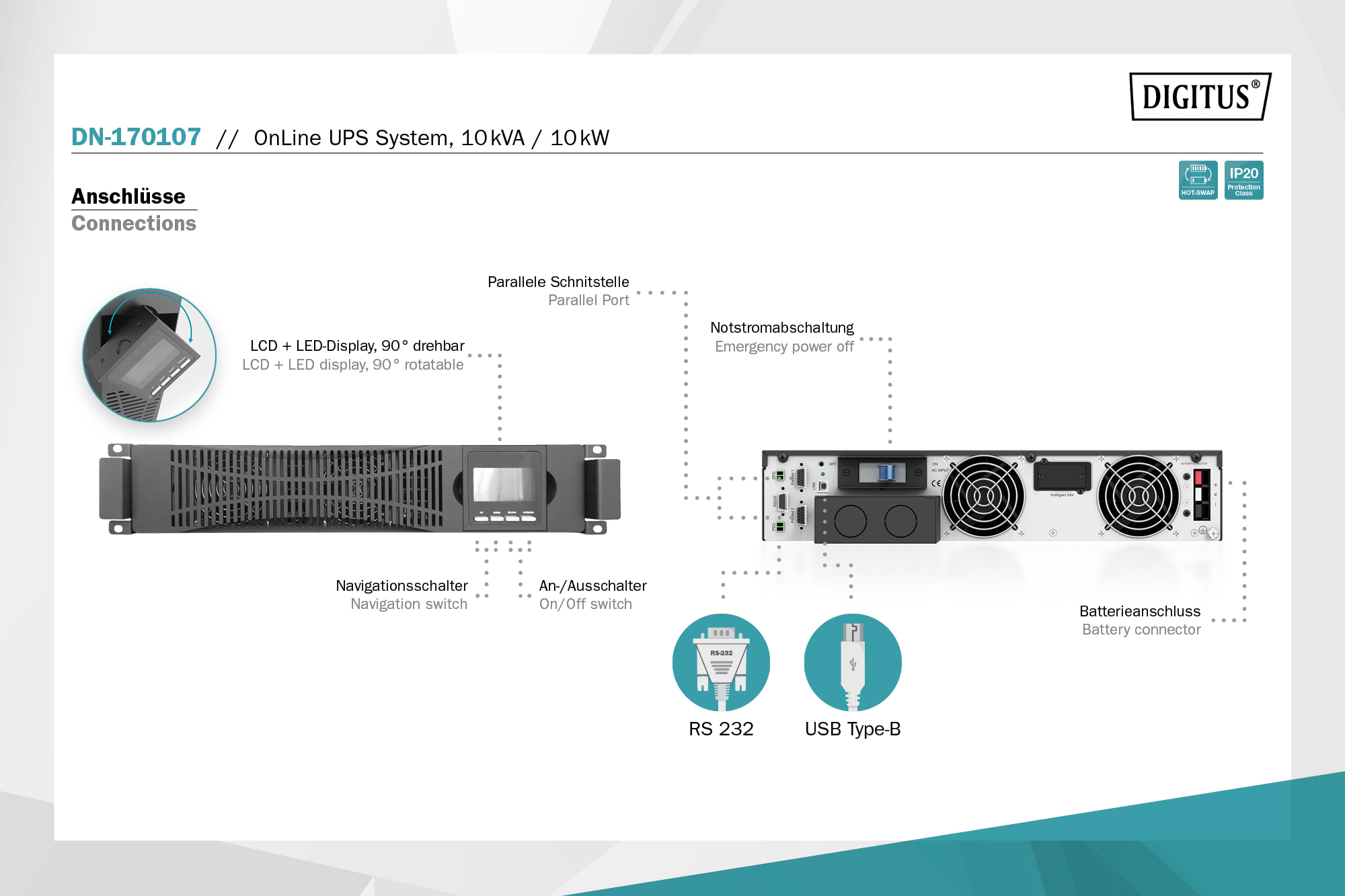 Силовий блок DIGITUS Power Module, 10kVA/10kW, LCD, Hardwire In/Out, RS232, USB, Rack/Tower (DN-170107)