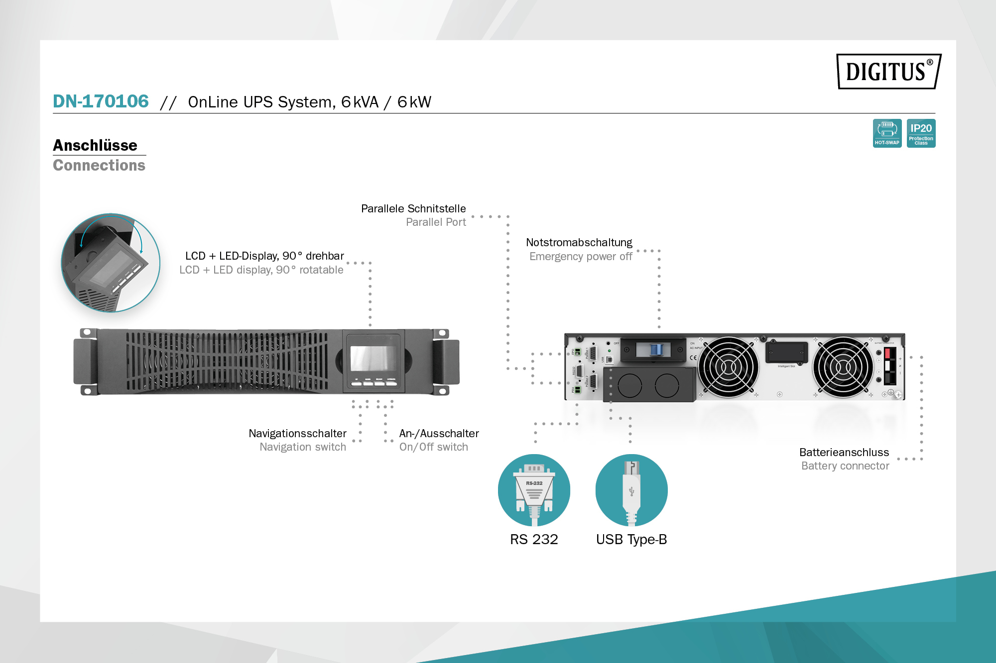 Силовой блок DIGITUS Power Module, 6kVA/6kW, LCD, Hardwire In/Out, RS232, USB, Rack/Tower (DN-170106)