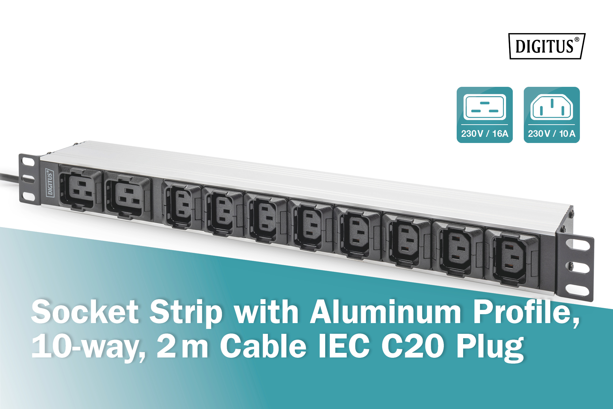 Блок розеток DIGITUS 1U, 8xC13, 2xC19, 16A, 250V, вилка C20