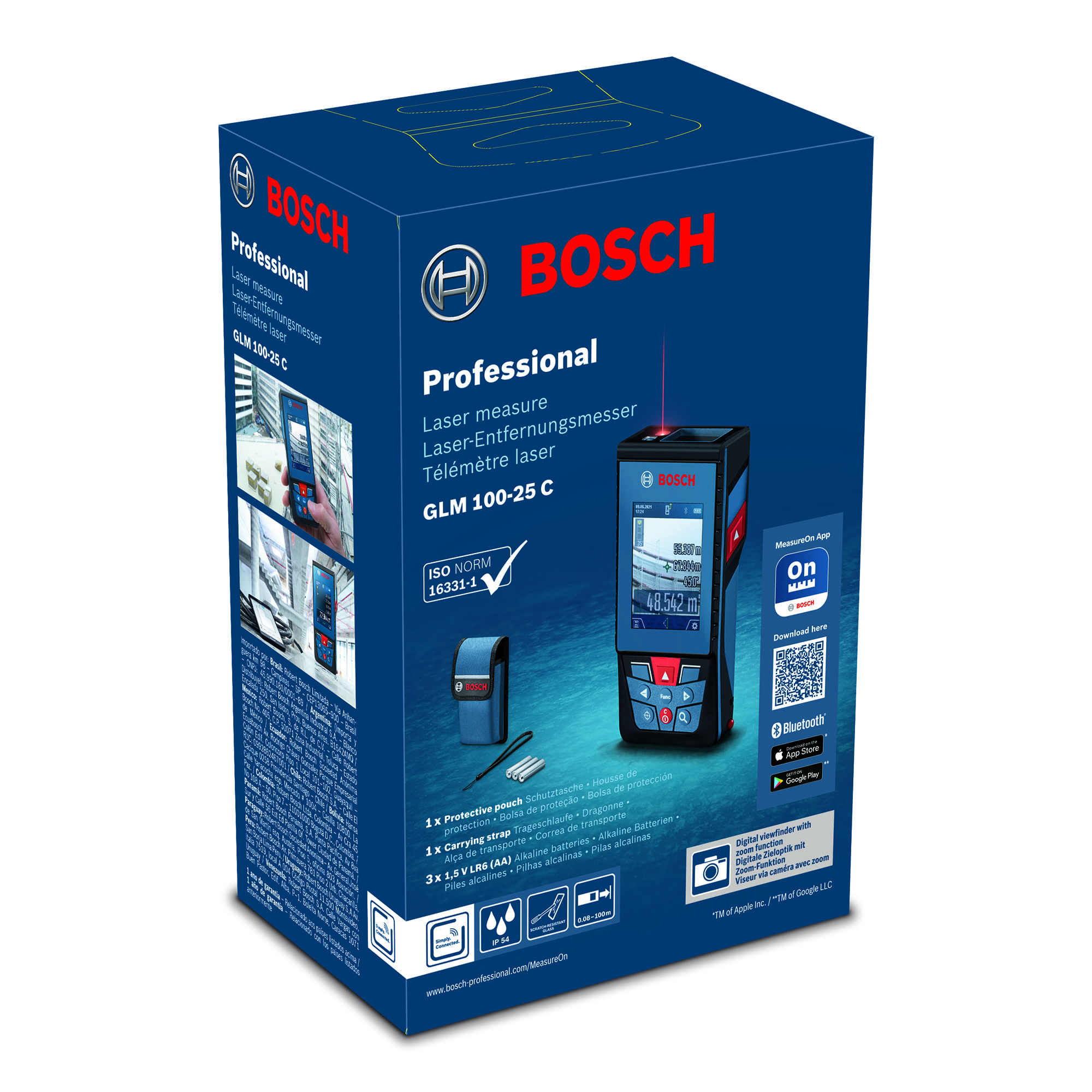 Далекомір лазерний Bosch Professional GLM 100-25 C, 0.08–100м, ±1.5мм, 360°, Bluetooth, чохол, 0.23кг