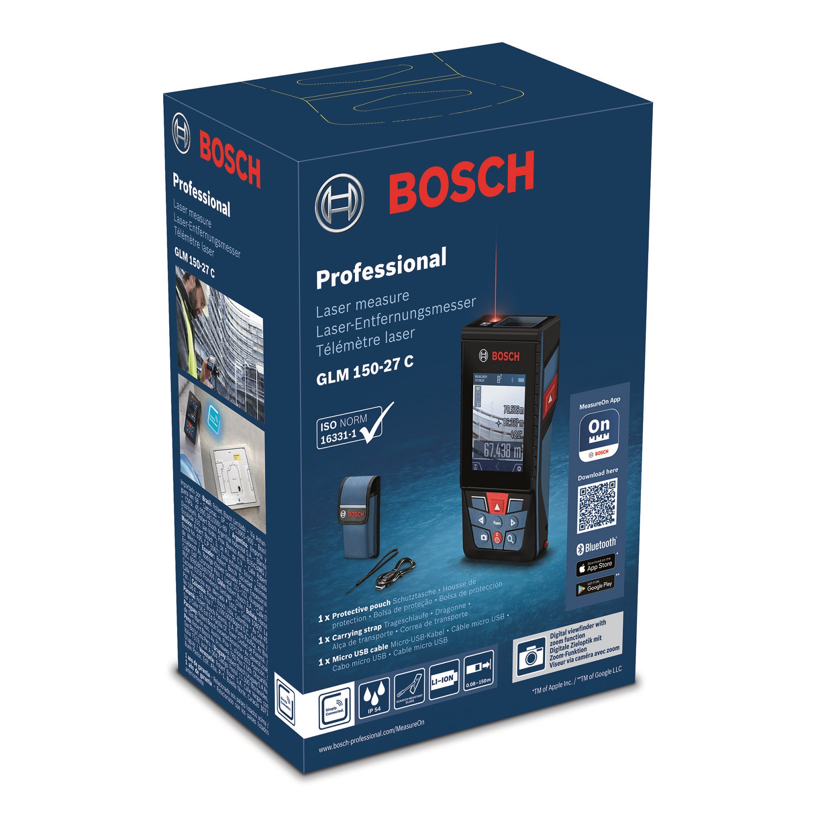 Далекомір лазерний Bosch Professional GLM 150-27 C, 0.08–150м, ±1.5мм, 0-360°, Bluetooth, чохол, 0.21кг