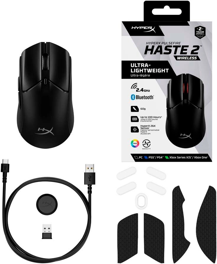 Миша HyperX Pulsefire Haste 2, RGB, USB-A/WL/BT, чорний