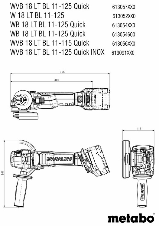 Шліфмашина кутова акумуляторна Metabo WVB 18 LT BL 11-125, 125мм, 18В, 2800-10000об•хв, М14, 1.8кг, без АКБ та ЗП