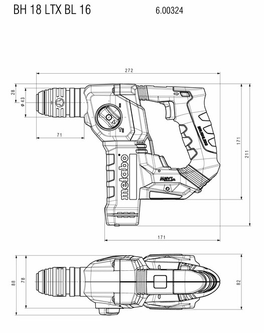 Перфоратор акумуляторний Metabo BH 18 LTX BL 16, SDS-plus, 18В, 1.3Дж, 2 режими, 0-730об•хв, 1.6кг, без АКБ та ЗП