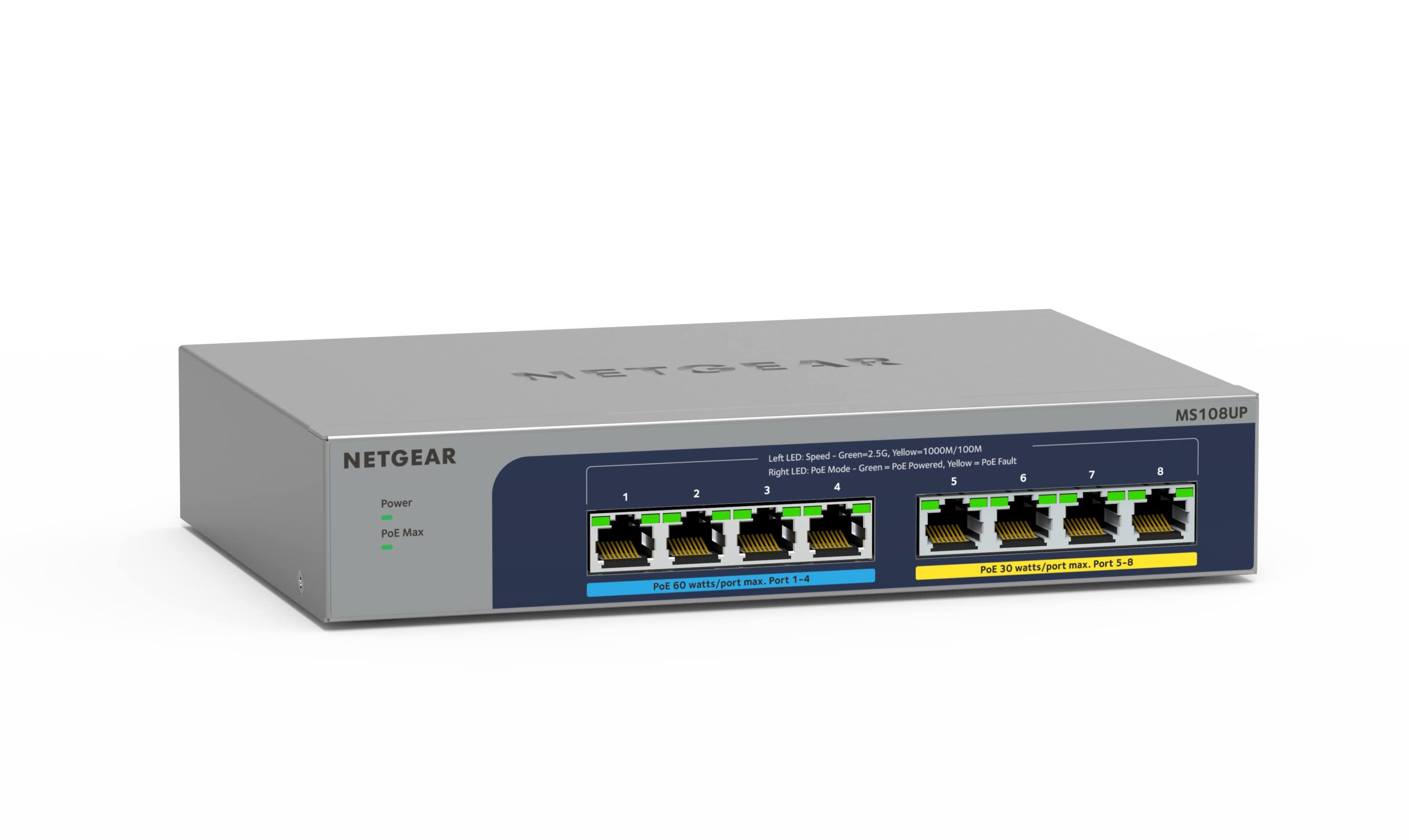 Комутатор NETGEAR MS108UP, 4x2,5GE PoE+, 4x2,5GE PoE++(60Вт/порт), 230Вт, некерований (MS108UP-100EUS)