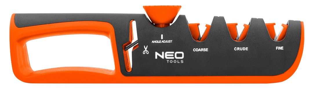 Точилка для ножів та ножиць Neo Tools, 77х290х47мм, 3 етапи заточування, алмаз, карбід вольфраму та кераміка, регулювання кута з