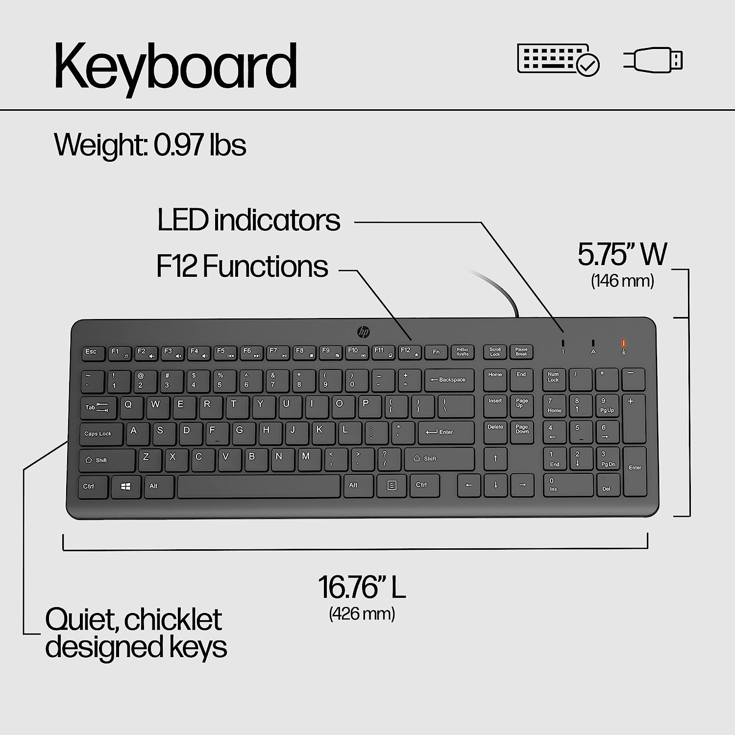 Клавіатура мембранна HP 150, 104key, USB-A, EN/UK, чорний