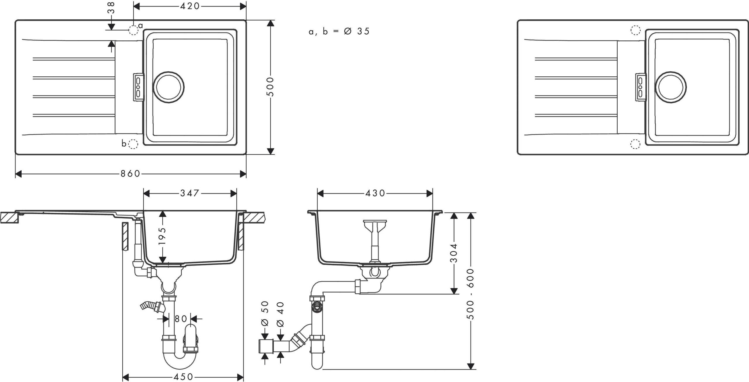 Мийка кухонна Hansgrohe S52, граніт, прямокутник, з крилом, 840х480х190мм, чаша - 1, врізна, S520-F345, сірий камінь