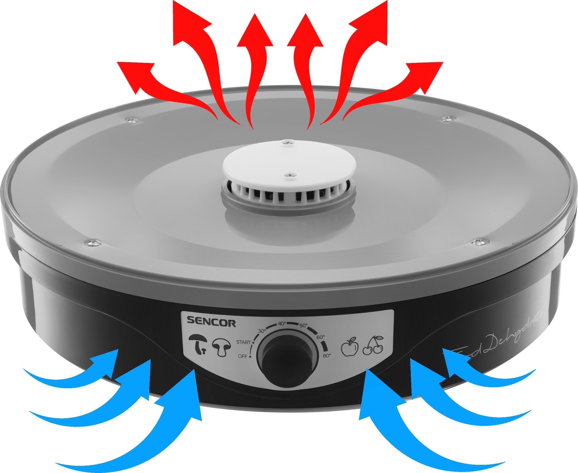 Сушарка для продуктів Sencor 250Вт, піддонів - 9x2.5см, діаметр - 33см, макс - 80°С, сітка для ягід, пластик, чорний