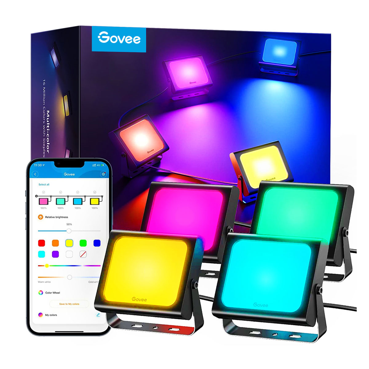 Набір настінних світильників Govee H7060 LED Smart Flood Lights, 4шт, RGBICWW, WI-FI/Bluetooth, чорний