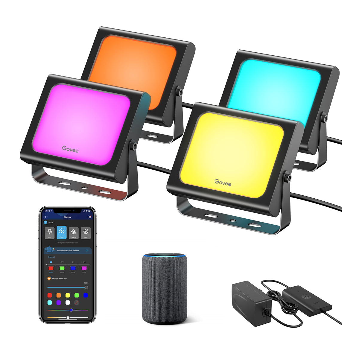 Набір настінних світильників Govee H7060 LED Smart Flood Lights, 4шт, RGBICWW, WI-FI/Bluetooth, чорний