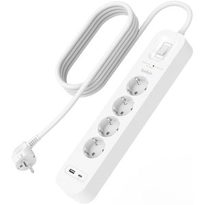 Мережевий фільтр Belkin 4хSchuko, USB-A/USB-C 18Вт, 16А із захистом від перенапруги, 2м