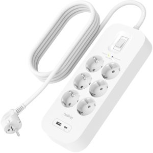 Мережевий фільтр Belkin 6хSchuko, USB-A/USB-C 18Вт, 16А із захистом від перенапруги, 2м