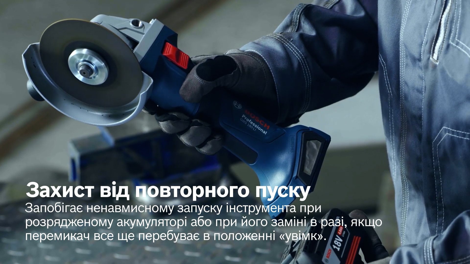 Шліфмашина кутова акумуляторна Bosch Professional GWS 180-LI, 125мм, 18В 1х4А•год, 11000об•хв, 2кг