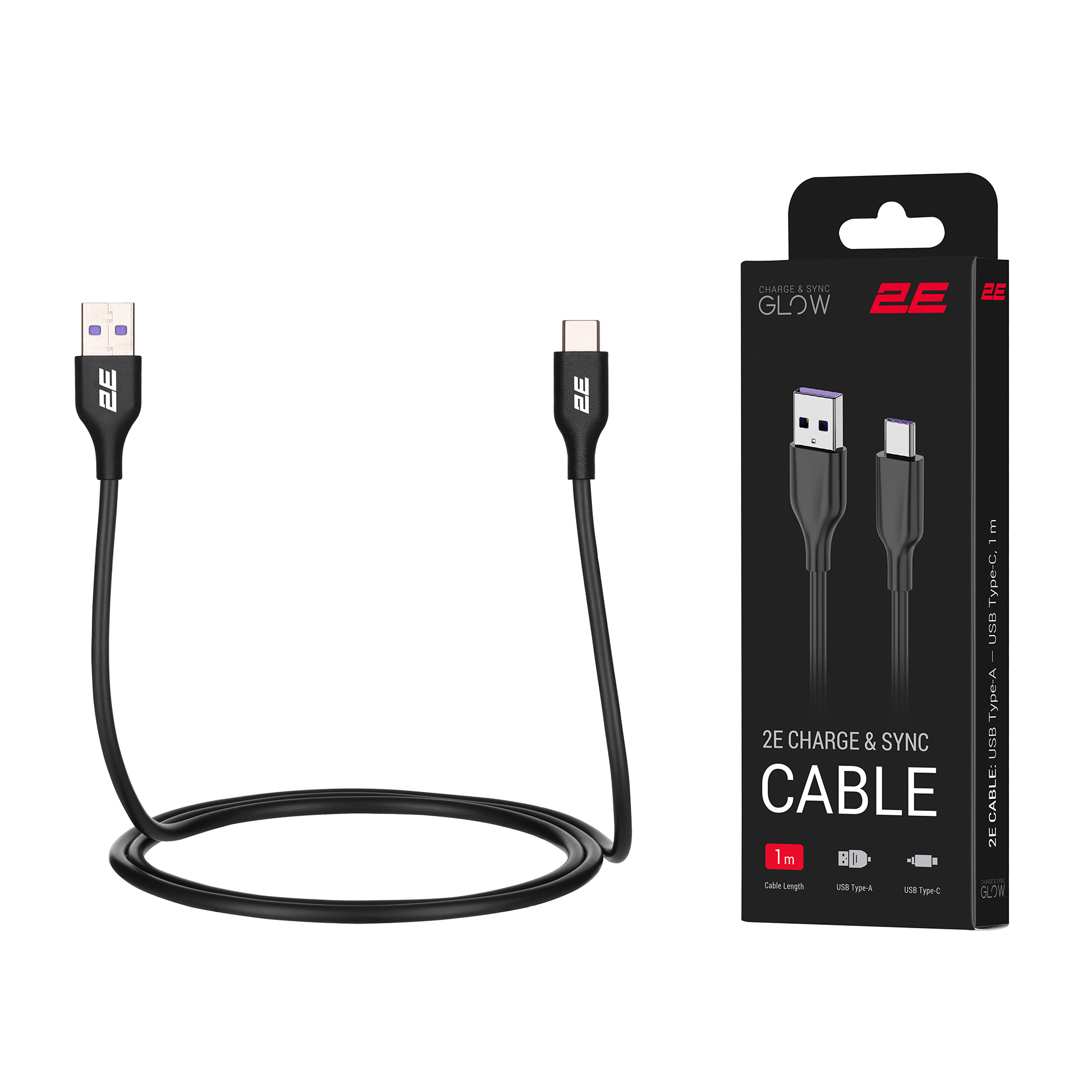 Кабель 2E USB-A – Type-C Glow 1m Black (2E-CCAC-BL)