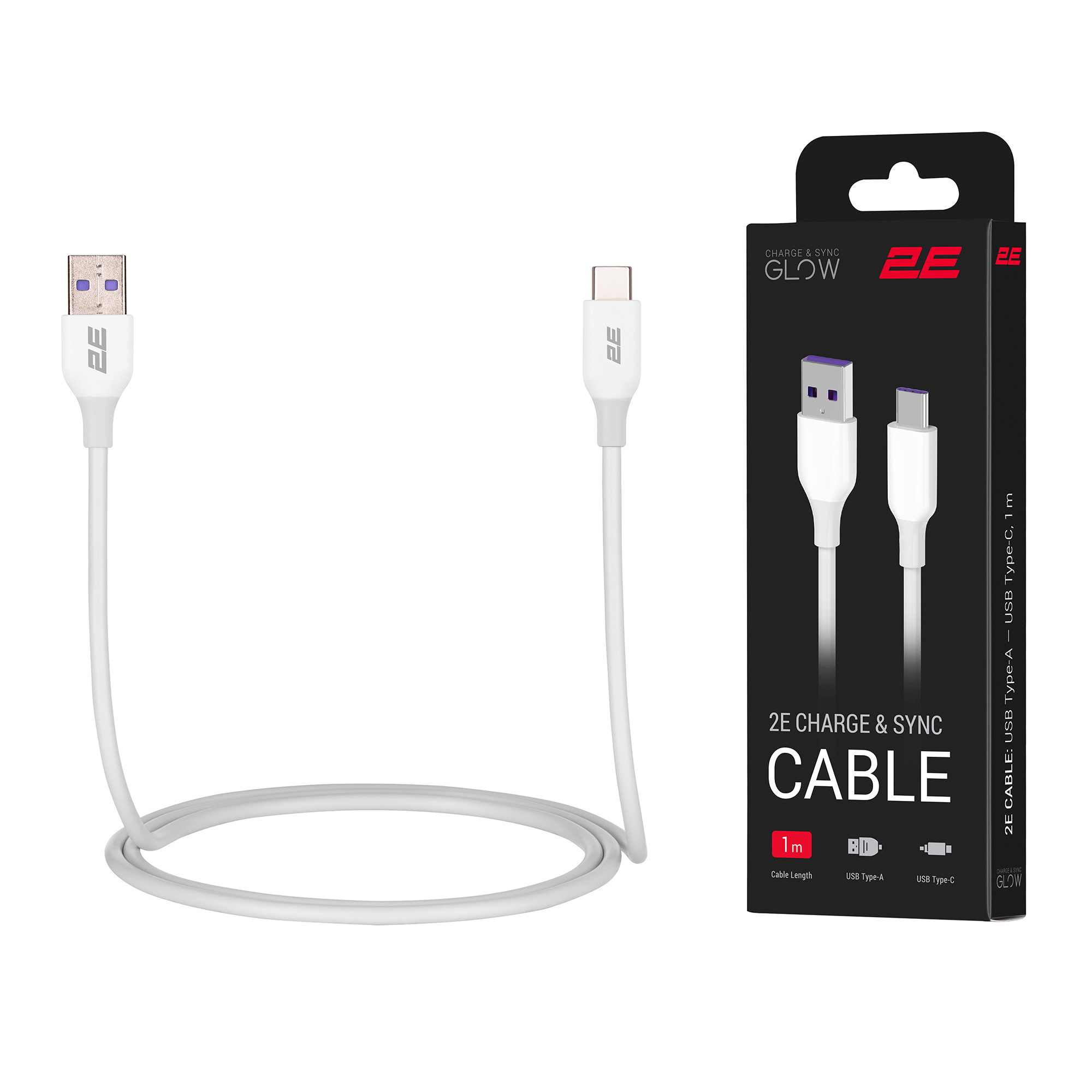 Кабель 2E USB-A – Type-C Glow 1m White (2E-CCAC-WH)