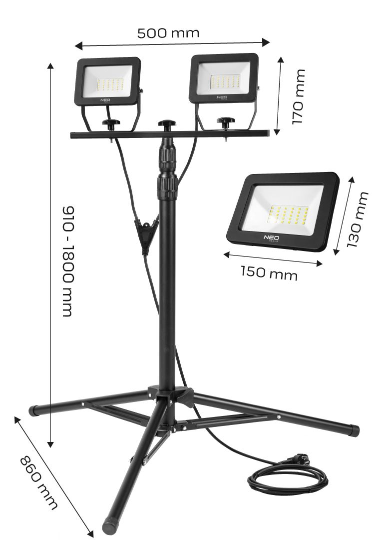 Прожектор Neo Tools, алюміній, 220 В, 2х30Вт, 5400 люмен, SMD LED, кабель 3 м з вилкою, IP65 99-061