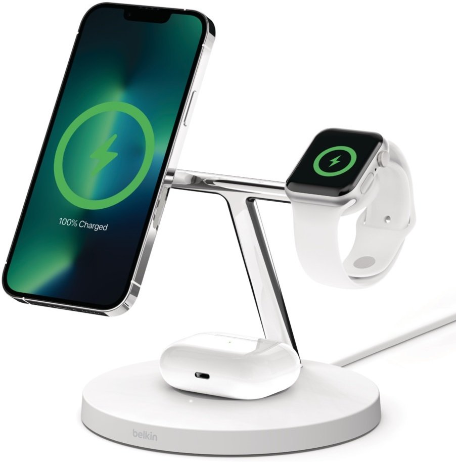 Зарядний пристрій бездротовий Belkin 3в1 MagSafe iPhone/Watch/AirPods Fast charger, білий