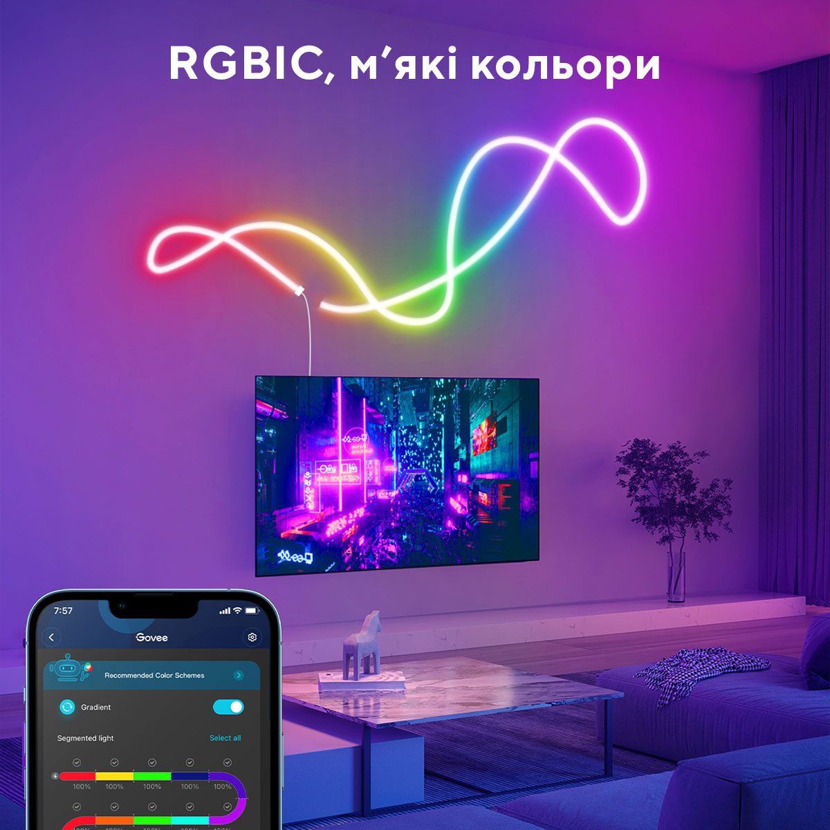 Стрічка світлодіодна розумна Govee H61A2 Neon LED Strip Light, 5м, RGBIC, WI-FI/Bluetooth, білий