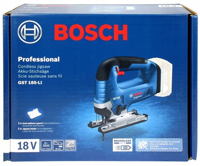 Лобзик Bosch GST 185-LI, акумуляторний 18В, хід 26мм, 0-3500об•хв, 2.4кг, без АКБ та ЗП