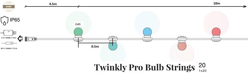 Smart LED Гірлянда Twinkly Pro Strings RGB 20, G45 лампи, IP65, AWG22 PVC, чорний