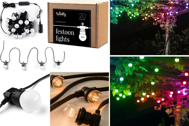 Smart LED Гірлянда Twinkly Festoon RGB 20, G45, Gen II, IP44, 10м, кабель чорний (TWF020STP-BEU)