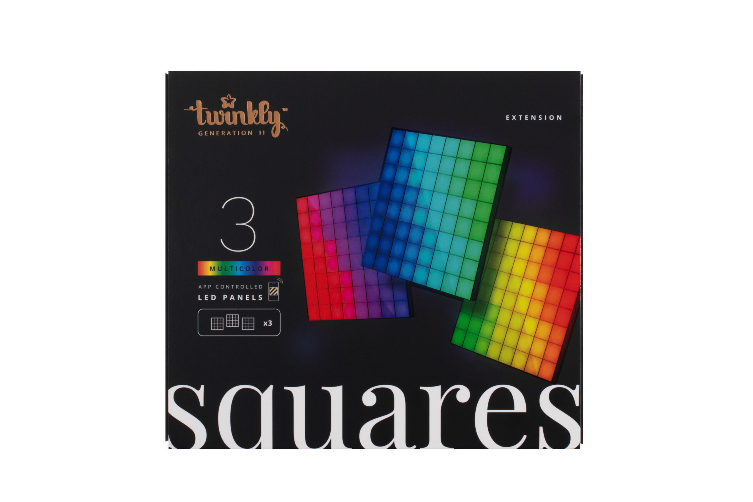 Smart LED панель Twinkly Squares 3х64 RGB, Gen II, IP20, 16x16см, кабель чорний, додатковий (TWQ064STW-03-BAD)