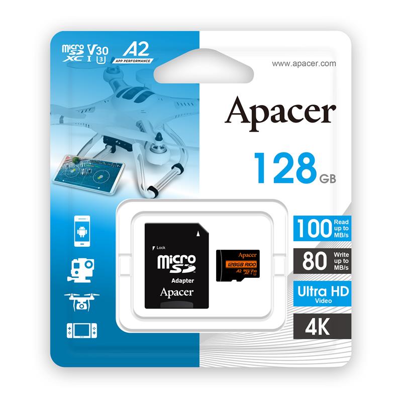 Карта пам'яті Apacer microSD 128GB C10 UHS-I U3 A2 R100/W80MB/s + SD