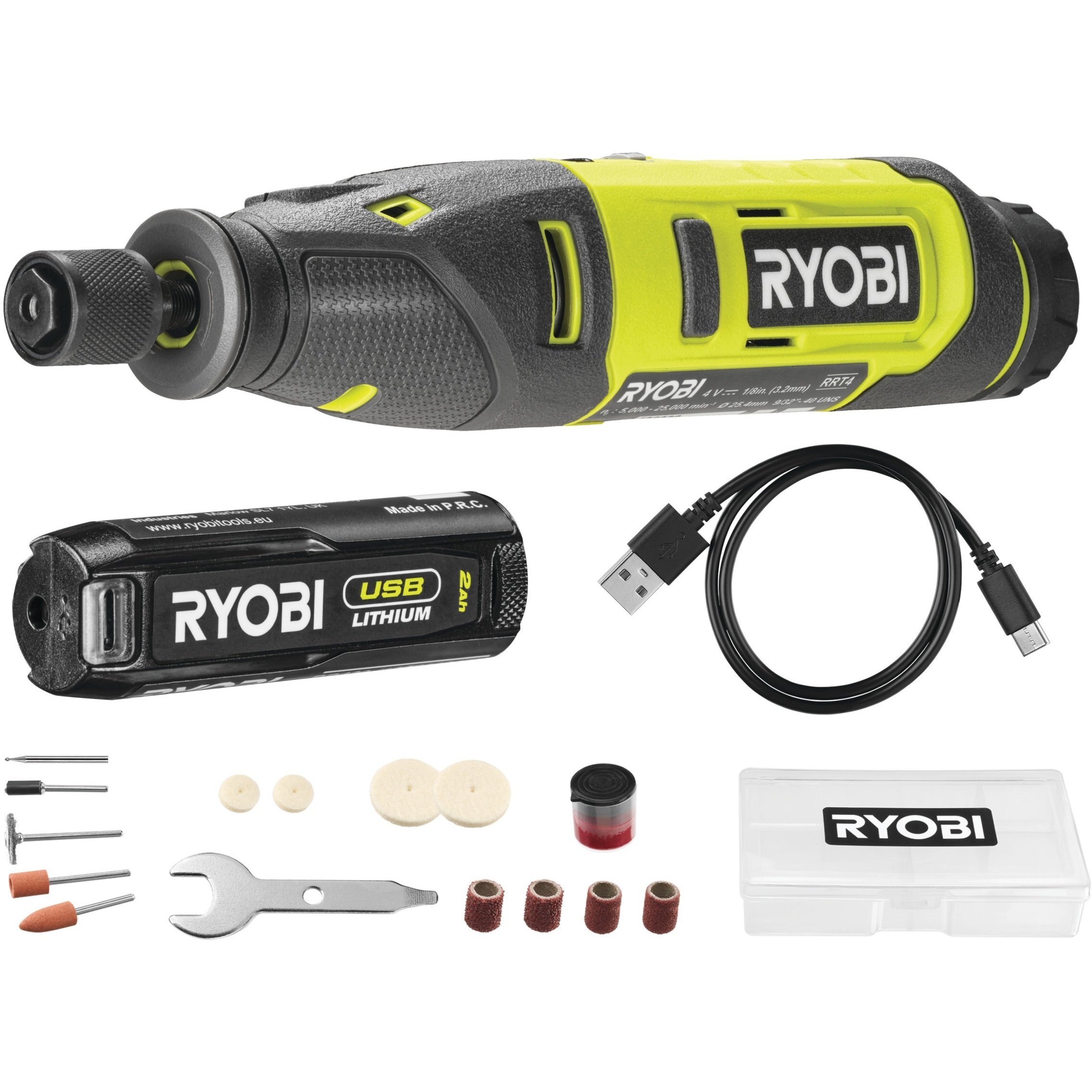 Шлифмашина прямая Ryobi RRT4-120GA15, 4В USB Lithium, АКБ 1х2А·год, набор аксессуаров, 0,23 кг