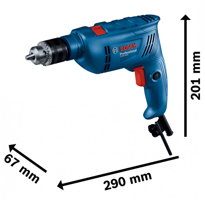 Дриль ударний Bosch Professional GSB 600, 600Вт, ШЗП 1-10 мм, 3000 об/хв, 48000 уд/хв, 1.7кг