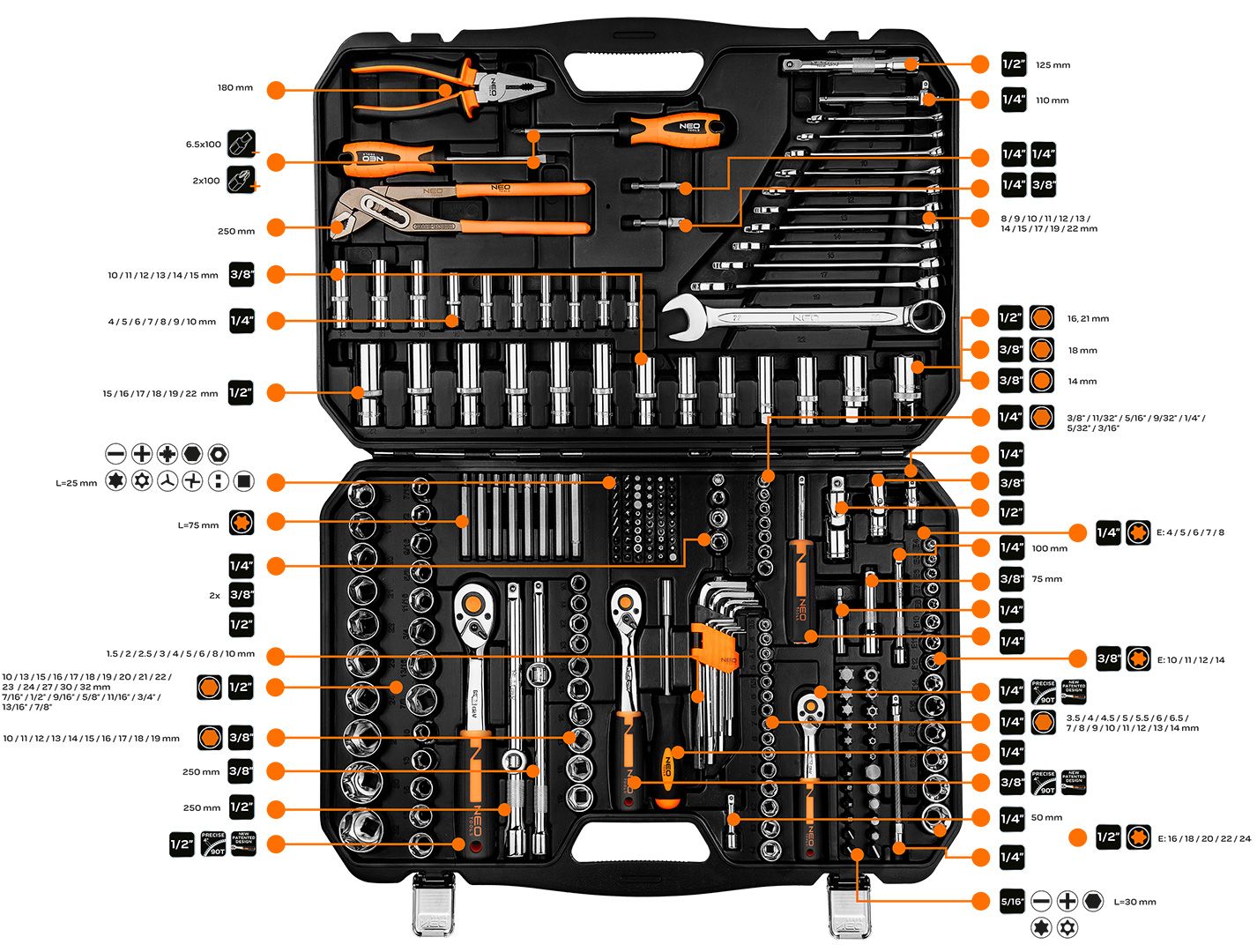 Набір інструментів Neo Tools, 233шт, 1/2", 1/4", 3/8", CrV, кейс