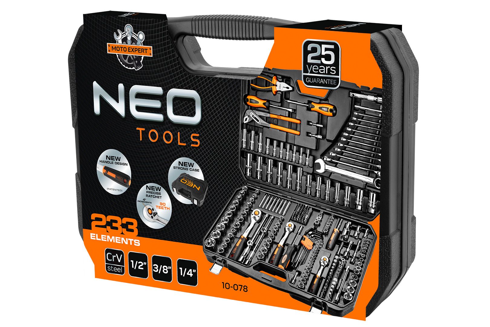 Набір інструментів Neo Tools, 233шт, 1/2", 1/4", 3/8", CrV, кейс