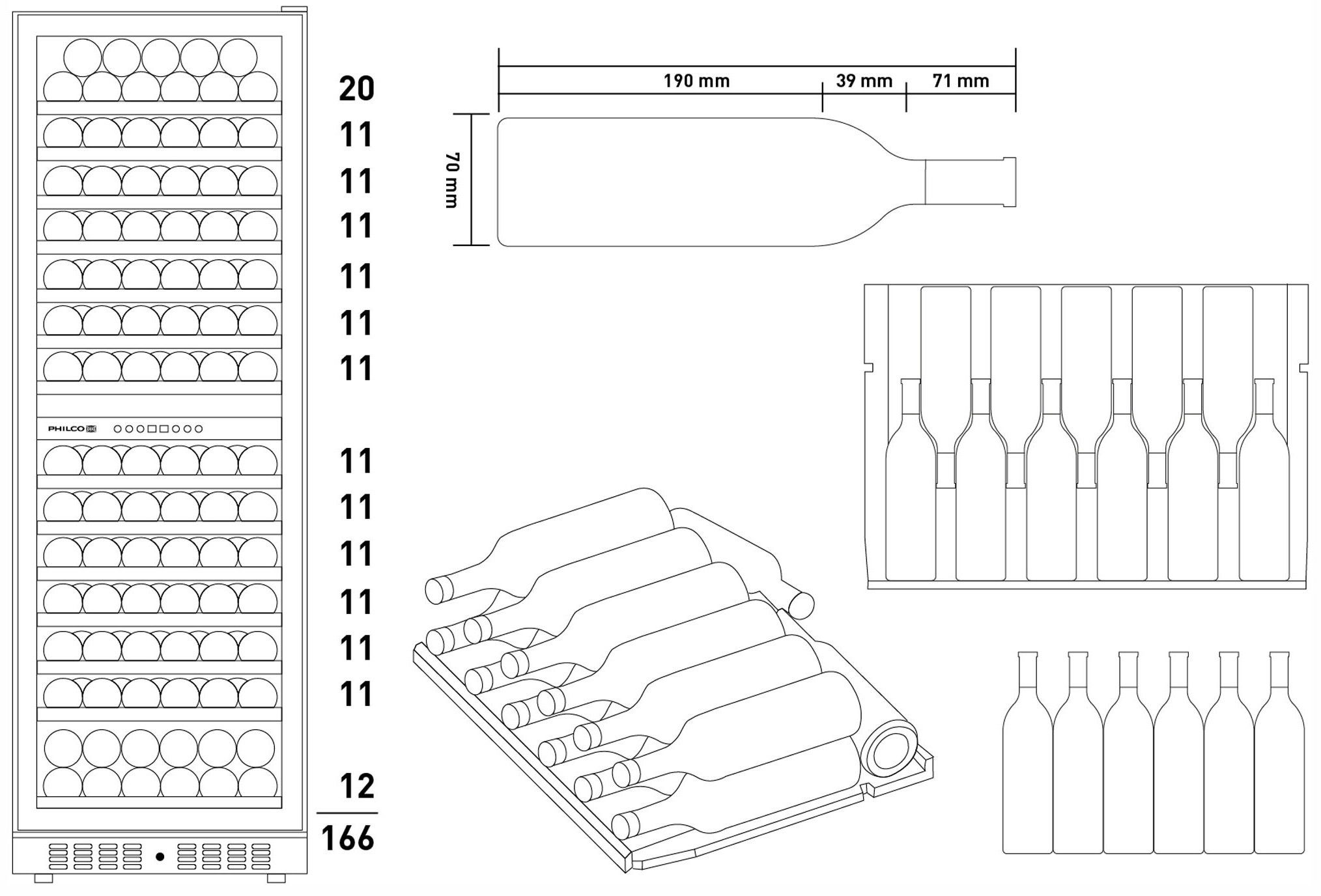 Холодильник Philco для вина, 177х59.5х68, холод.відд.-418л, зон - 1, бут-166, диспл, підсвітка, чорний