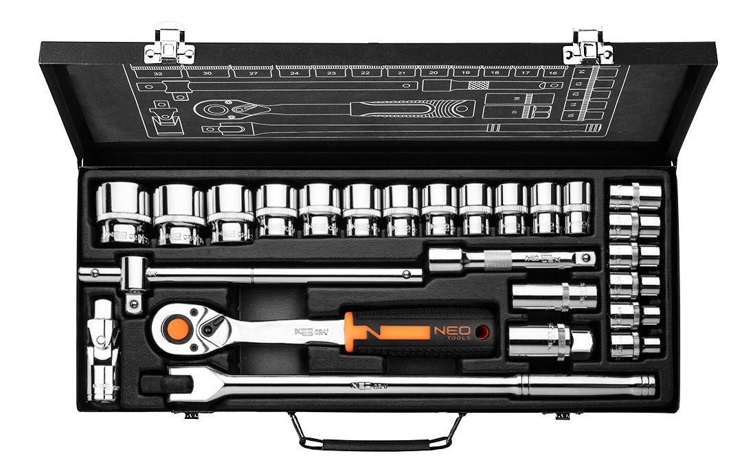 Набір інструментів Neo Tools, Набір торцевих головок, 25шт, 1/2", CrV, металевий кейс