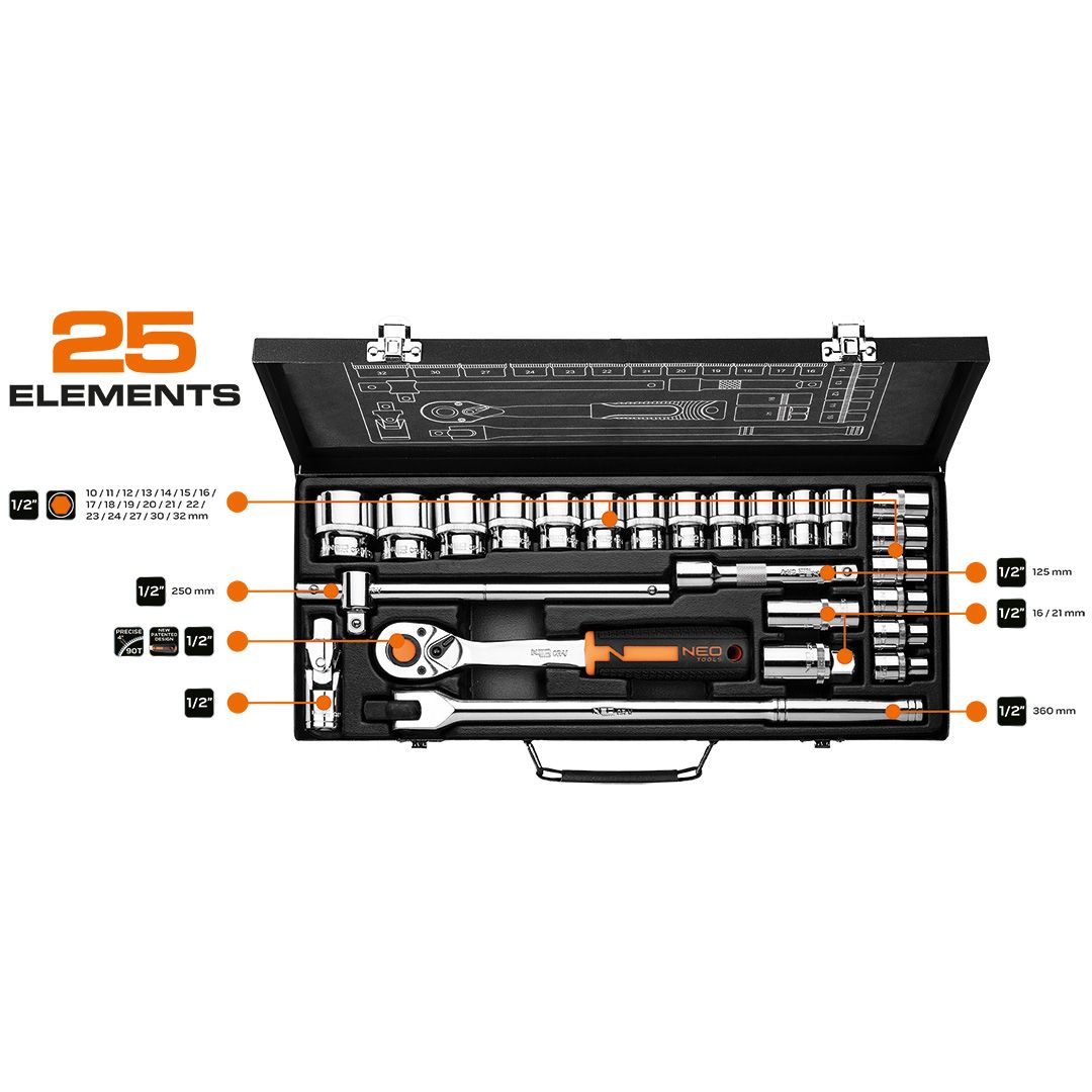 Набір інструментів Neo Tools, Набір торцевих головок, 25шт, 1/2", CrV, металевий кейс