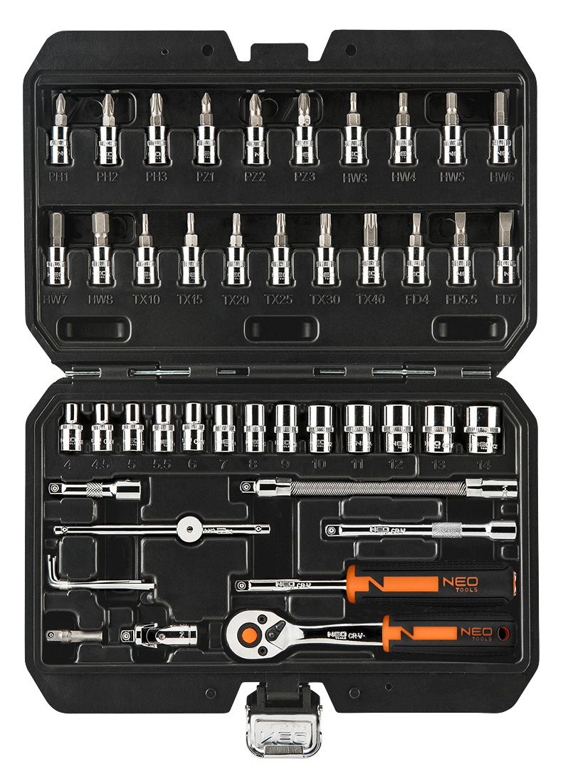 Набір інструментів Neo Tools, Набір торцевих головок, 46шт, 1/4", CrV, кейс