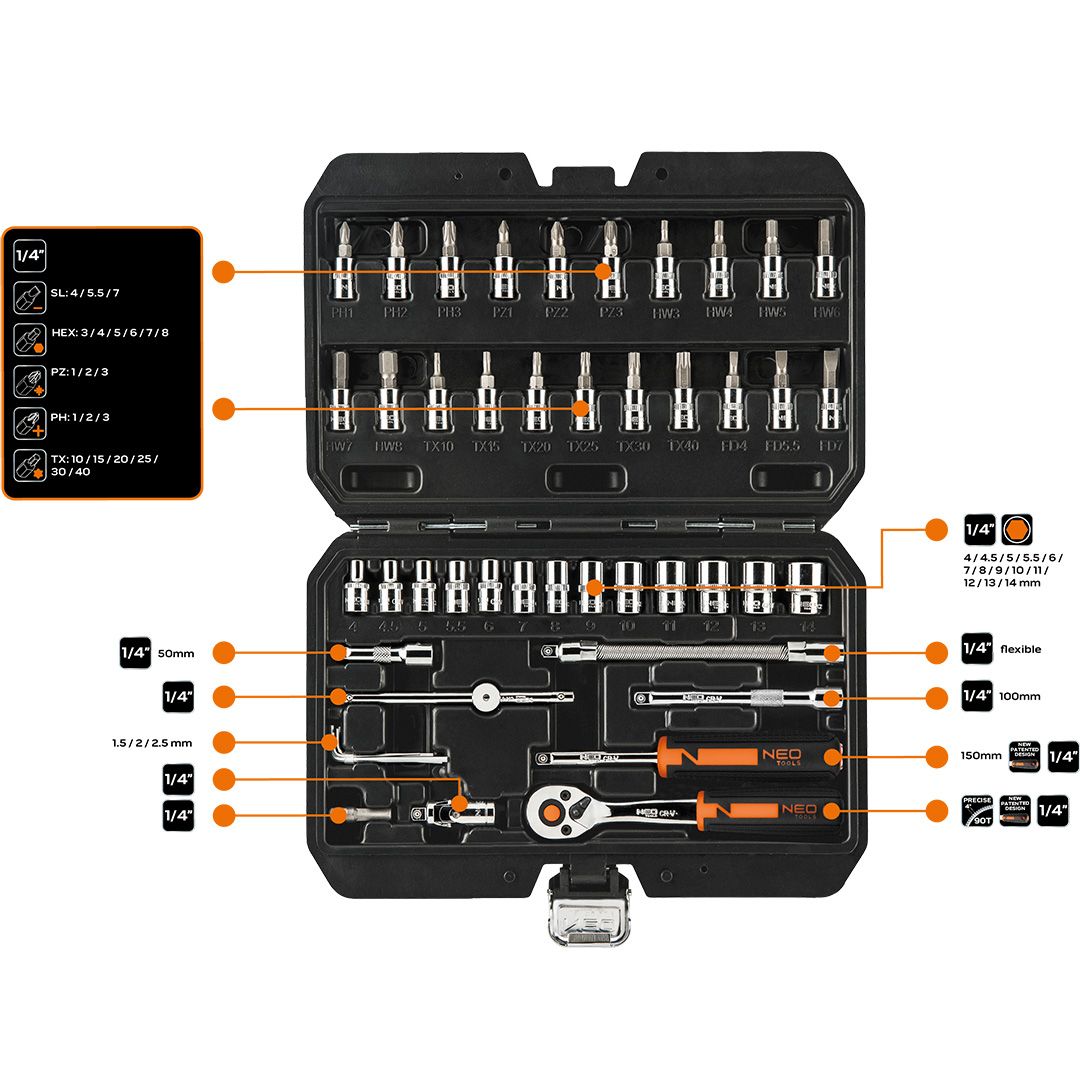 Набір інструментів Neo Tools, Набір торцевих головок, 46шт, 1/4", CrV, кейс