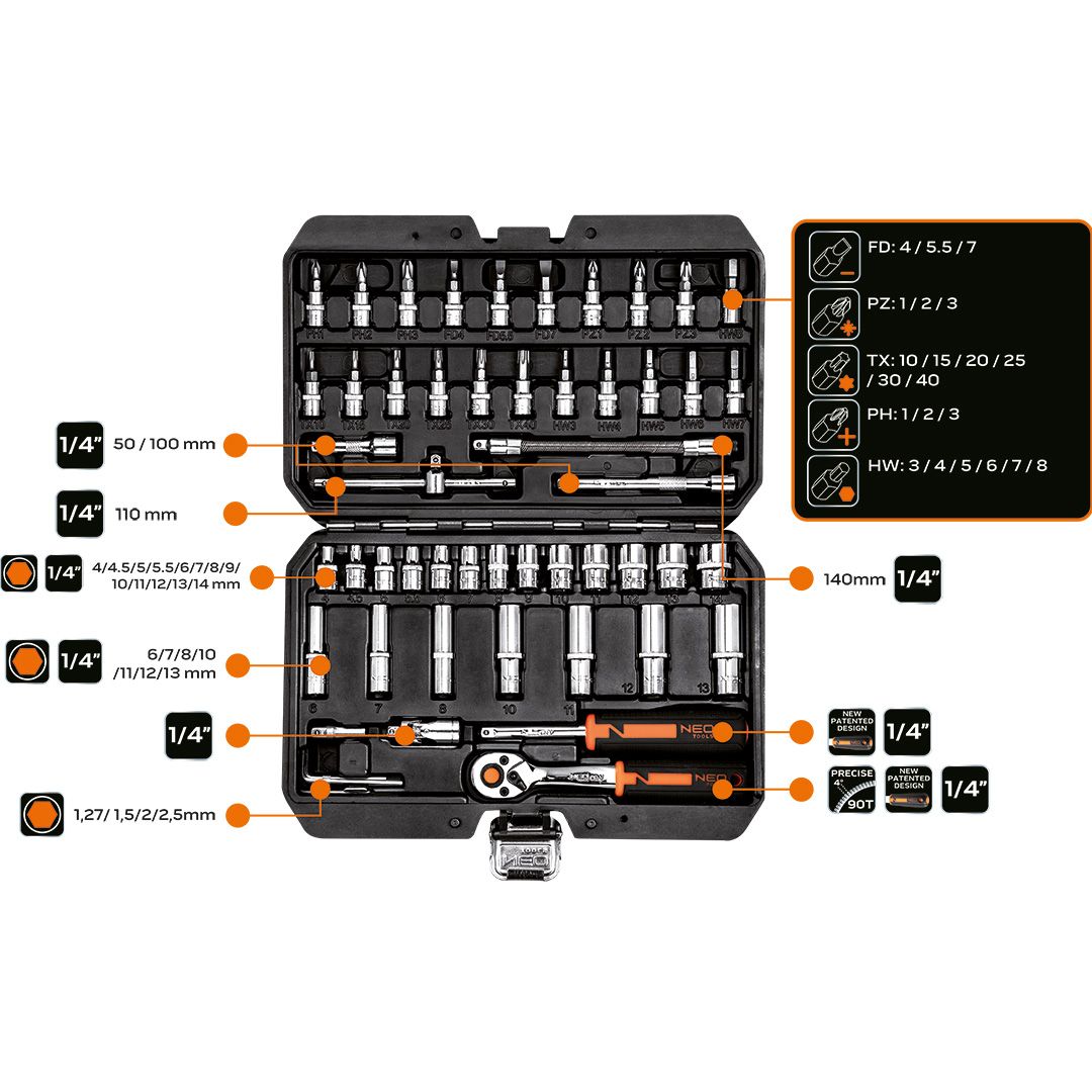 Набір інструментів Neo Tools, Набір торцевих головок, 53шт, 1/4", CrV, кейс