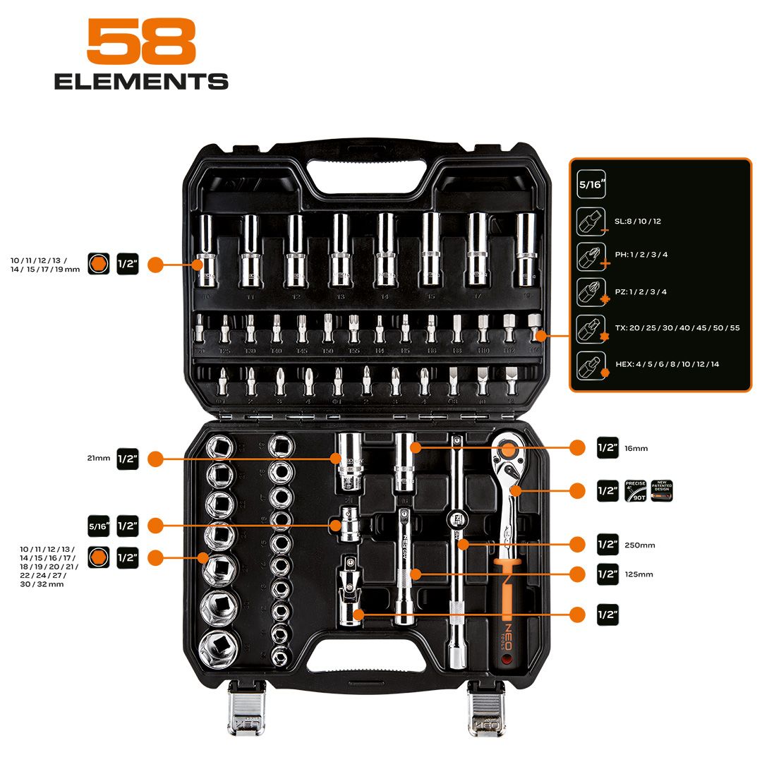 Набір інструментів Neo Tools, Набір торцевих головок, 58шт, 1/2", CrV, кейс