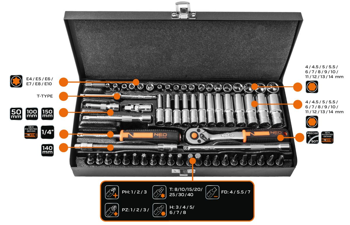 Набір інструментів Neo Tools, Набір торцевих головок, 63шт, 1/4", CrV, металевий кейс