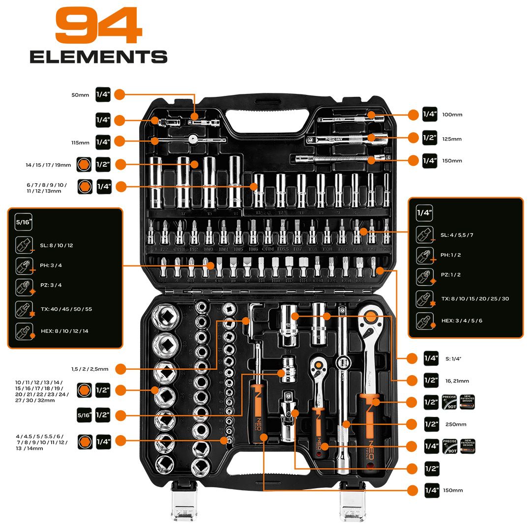 Набір інструментів Neo Tools, Набір торцевих головок, 94шт, 1/2", 1/4", CrV, кейс